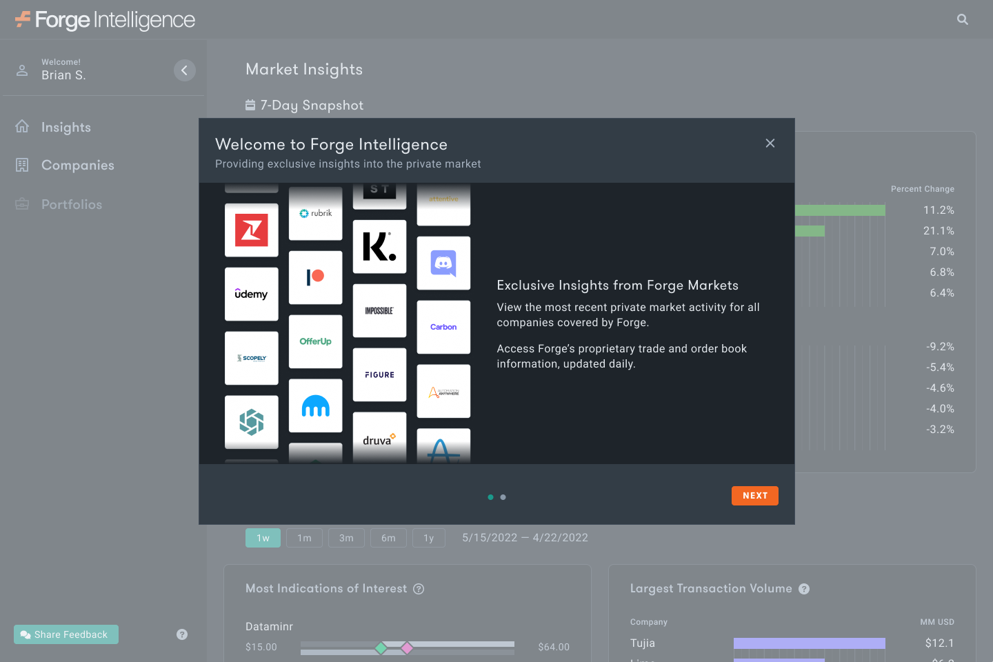 image of First-time user experience, shown on first visit to the product dashboard