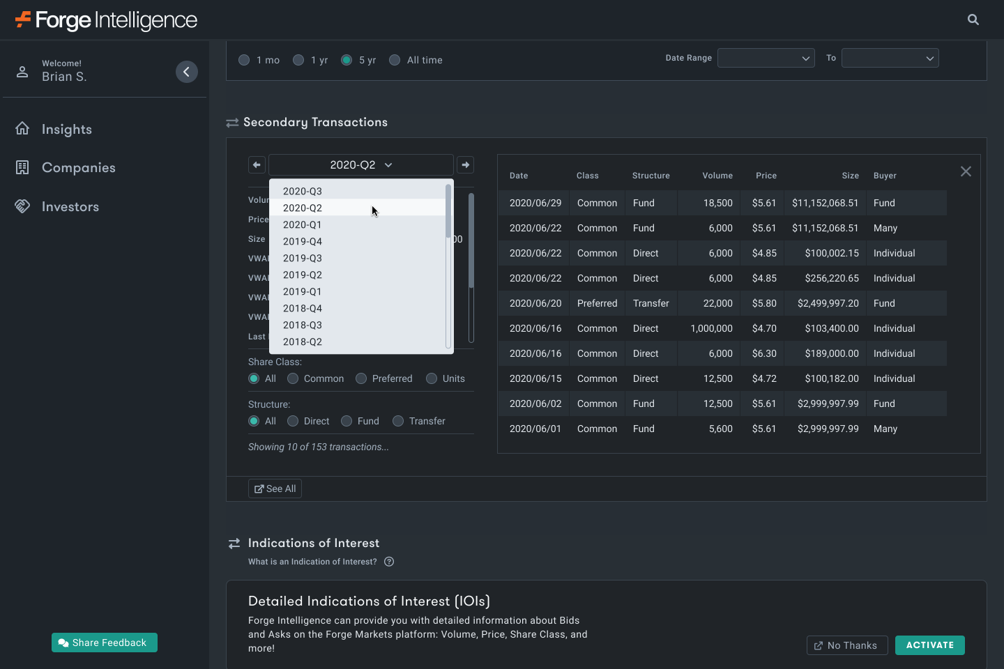 image of 'Secondary Transactions' section mockup of a Company Detail page