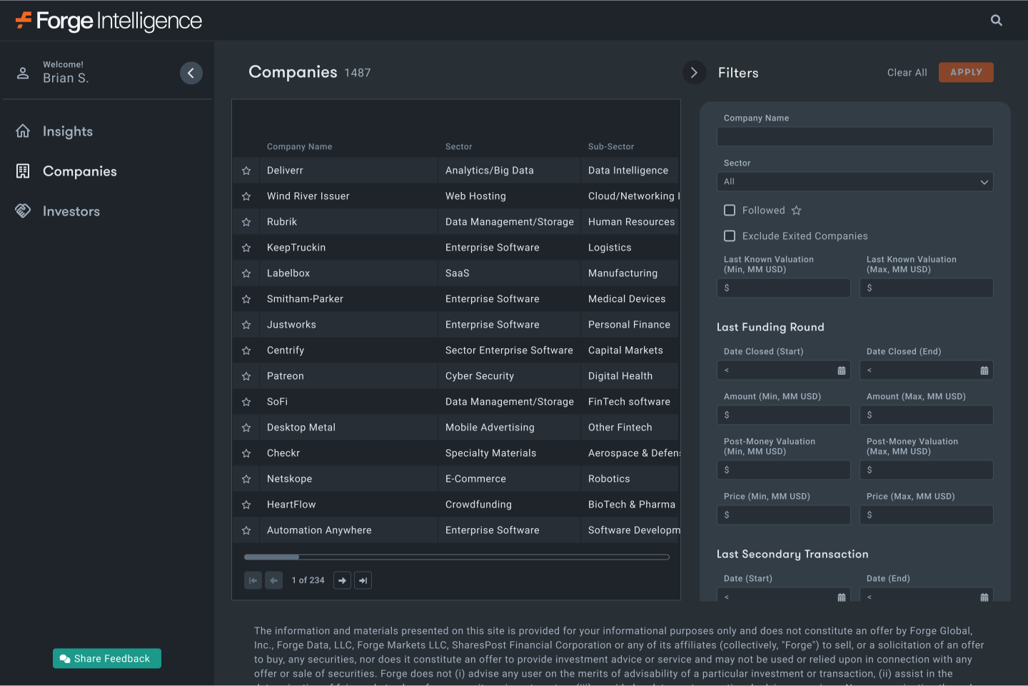image of 'Companies' page with Filters panel mockup