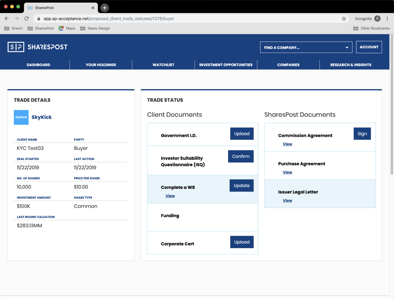image of SharesPost's legacy 'Trade Status' page