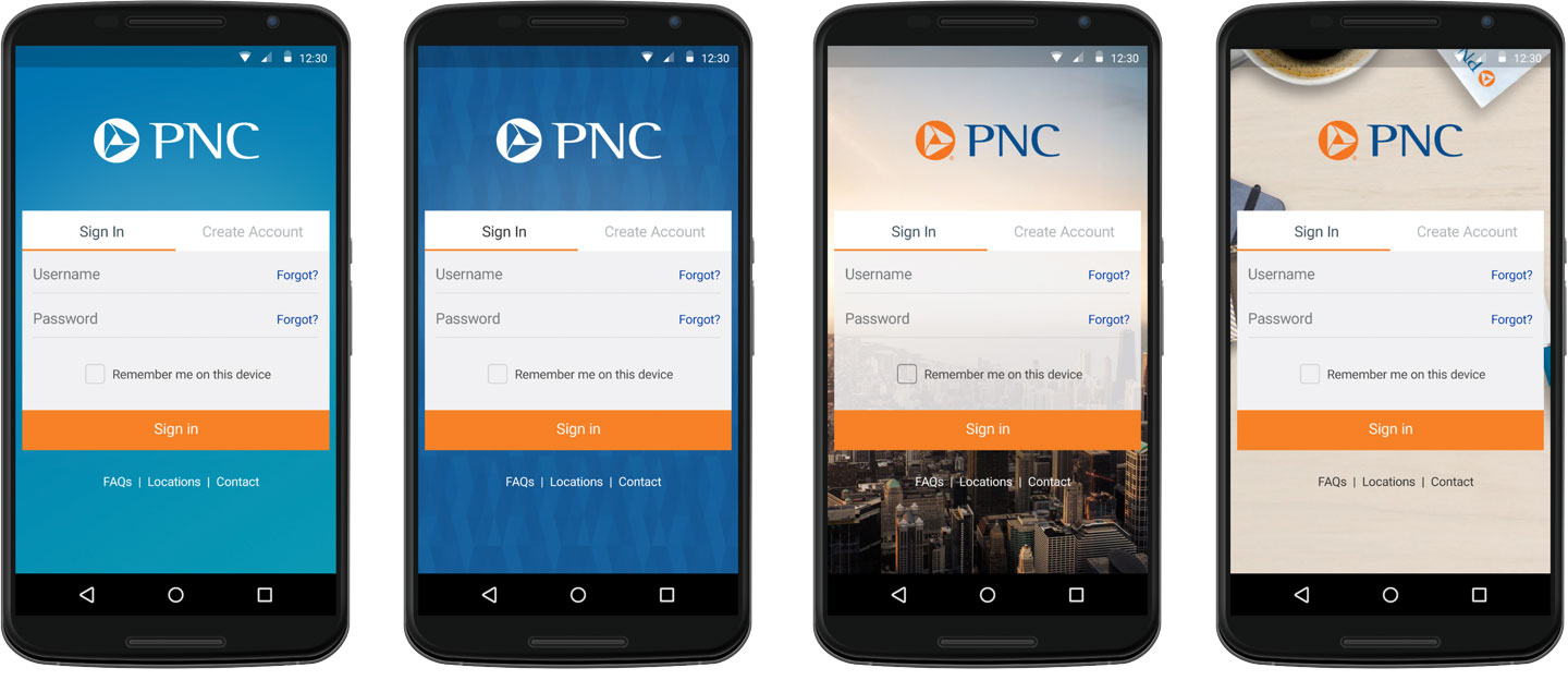 image showing Android app Sign-in screen in four different, increasingly rich branding options