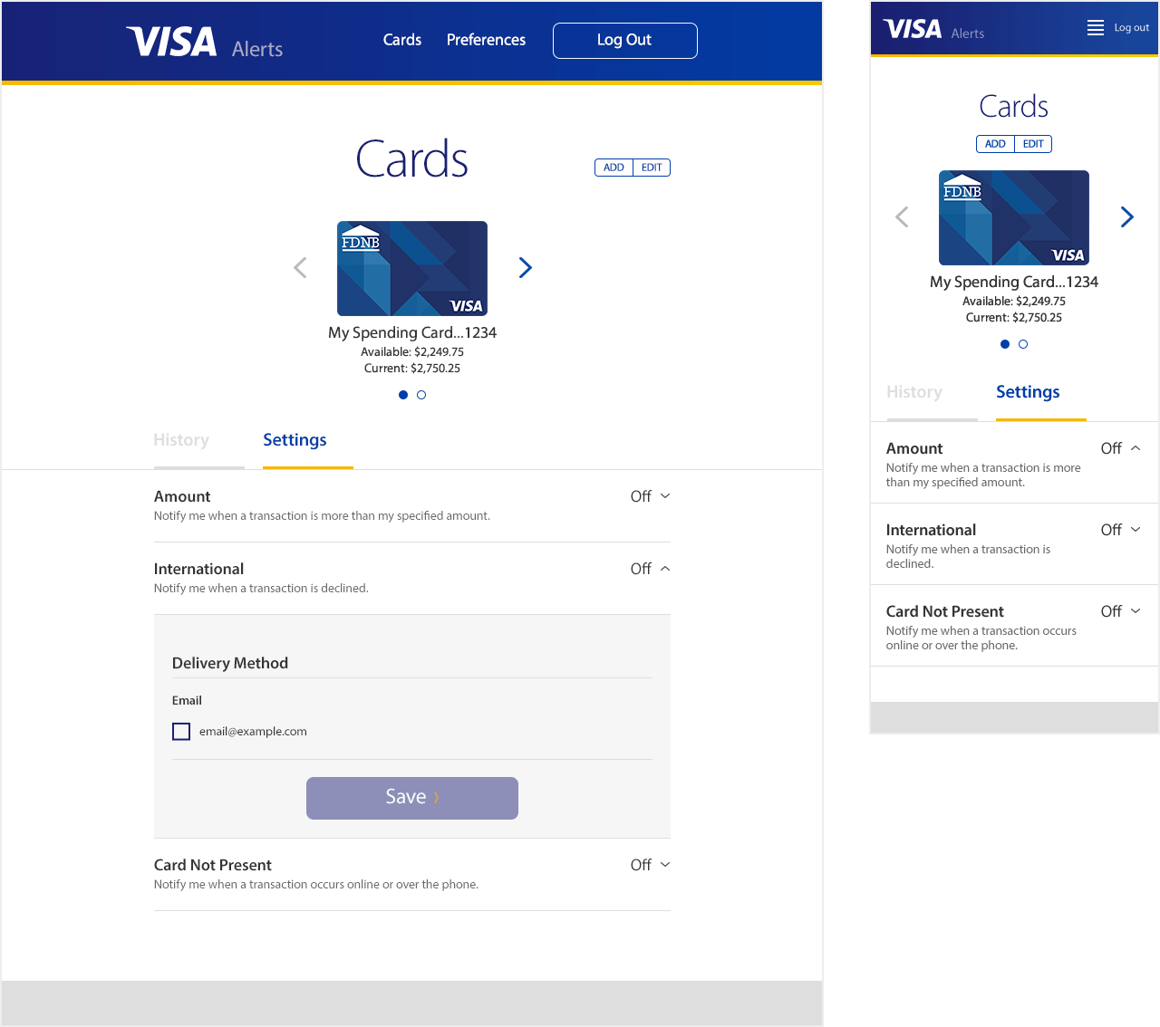 image of Alert settings screen, responsive web mockups, desktop and mobile