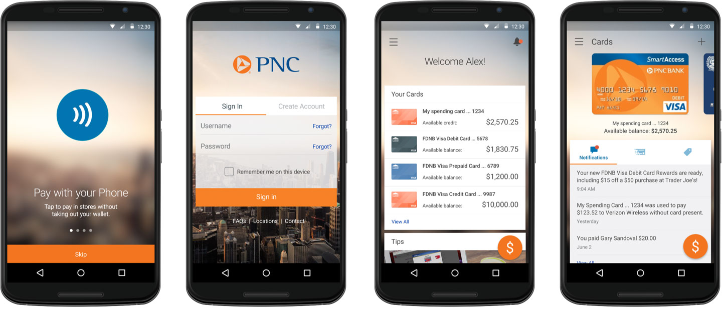 image showing four screens of the app with rich branding on an Android device