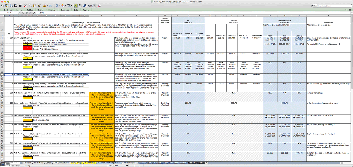 image of Excel spreadsheet used to track onboarding requirements and specifications based on product configuration
